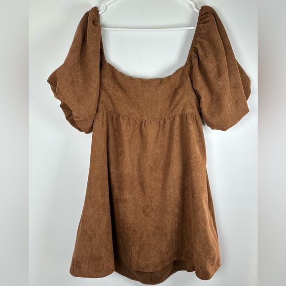 Blue Rain Women's Cassie Bow Back Corduroy Puff Sleeve Mini Brown Dress, Size L - Picture 1 of 12